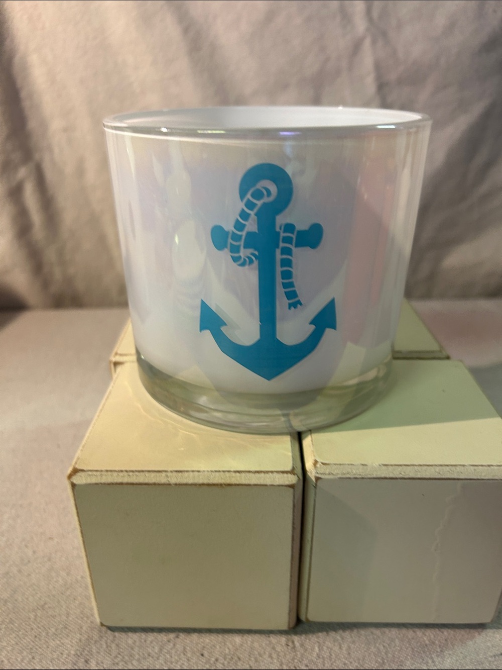 White Glass Candle Holder with Blue Anchor Motif